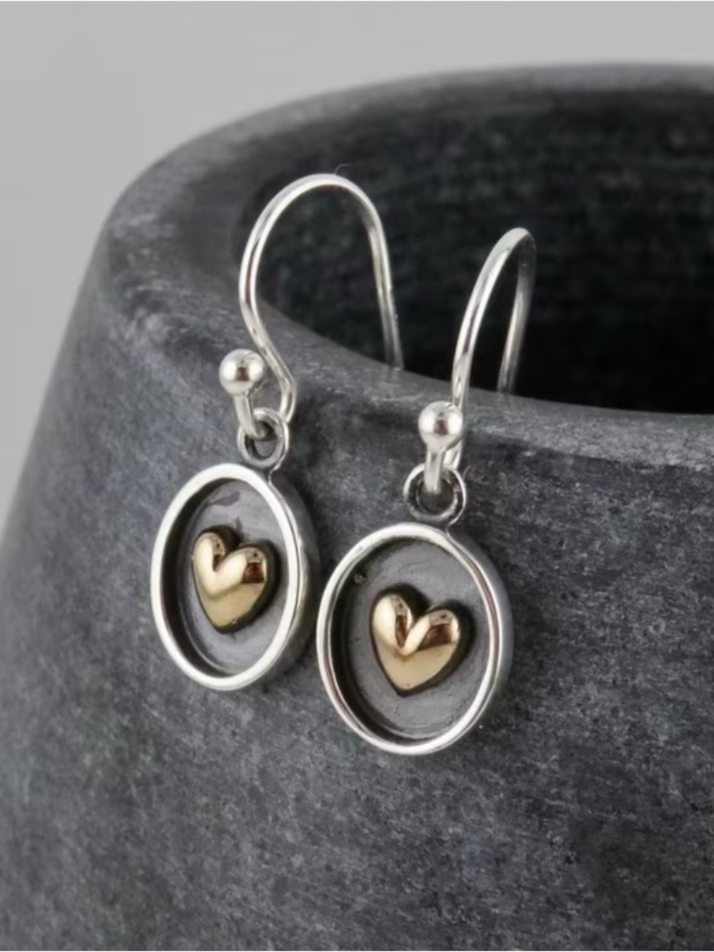 Silver Drop Earrings with Gold Heart Accent